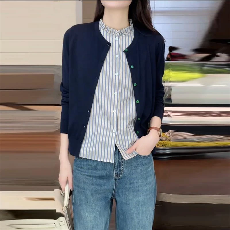 高级感圆领针织衫上衣女早秋休闲慵懒风内搭条纹衬衫爆款外搭开衫