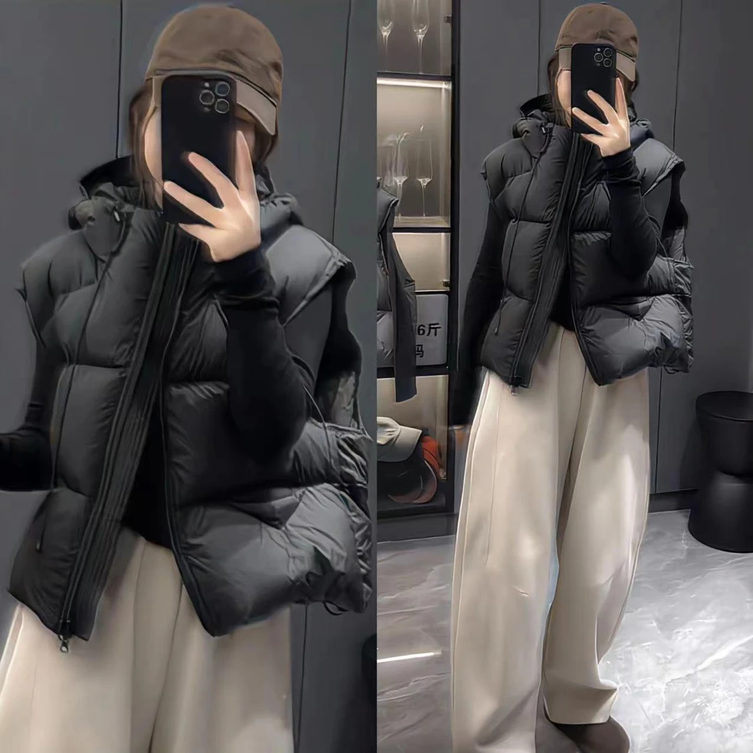 2024秋冬季新款女士连帽棉服马甲保暖轻薄马夹时尚坎肩短外套