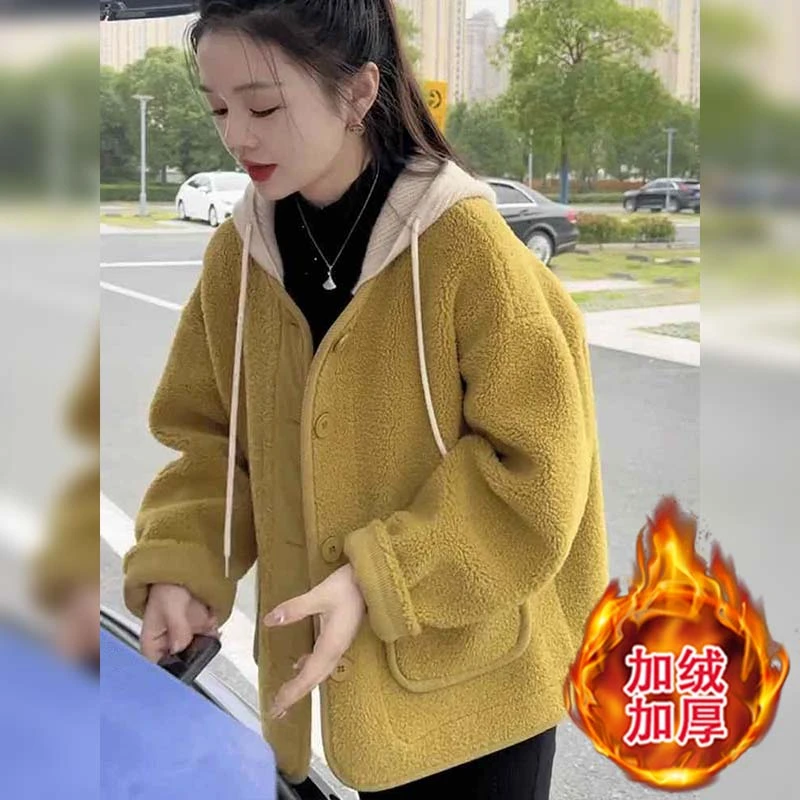 休闲皮毛一体加厚连帽外套女秋冬季新款宽松显瘦小个子百搭上衣