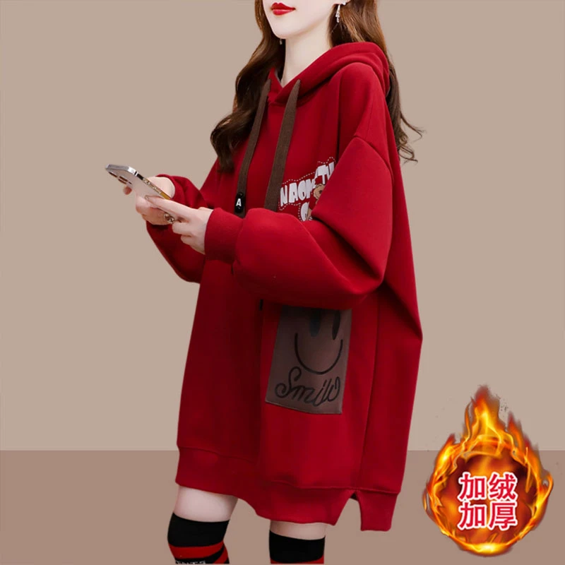 卫衣女2025新款爆款秋冬中长款宽松慵懒风加绒加厚酒红色连帽上衣