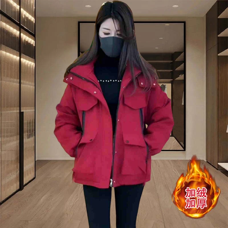 2025秋冬新款女士韩版加绒连帽冲锋衣宽松工装棉服加厚短外套棉袄