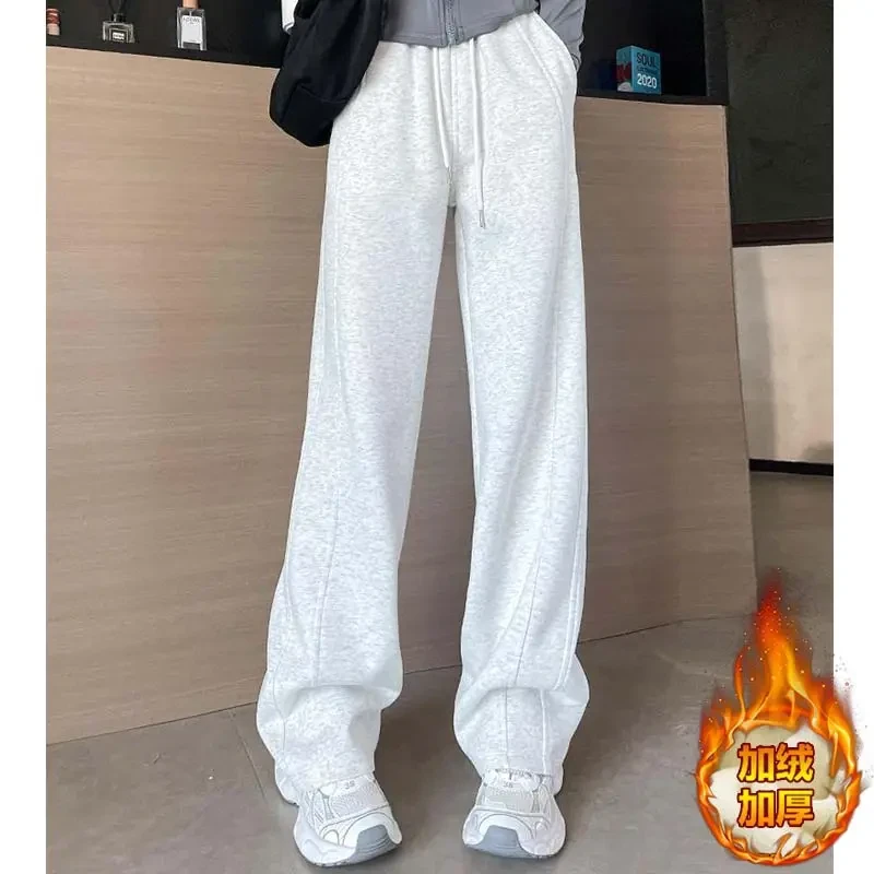 韩版休闲直筒加绒卫裤女2025年春秋季新款设计感运动裤香蕉阔腿裤