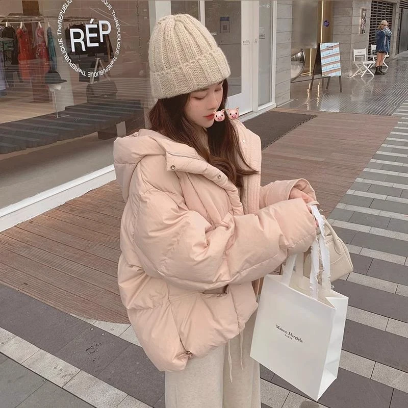 2024冬季新款女士粉色短款连帽棉服小个子宽松时尚百搭面包服