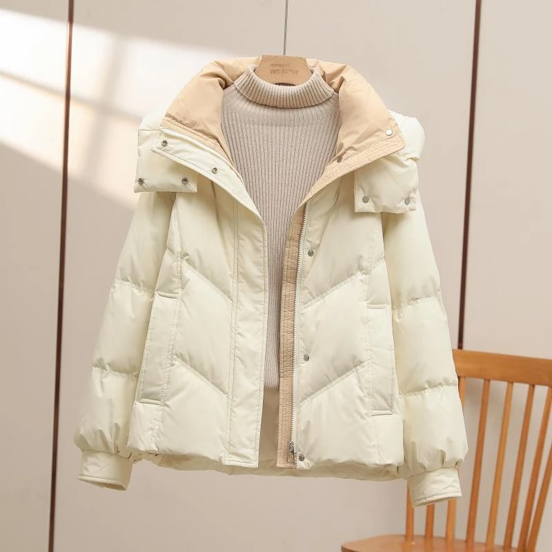 棉服女2024年新款冬季连帽短款撞色别致休闲夹棉加厚棉衣外套