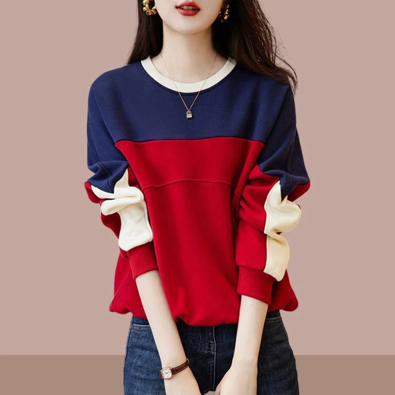 欧货时尚流行女卫衣春秋款2025新款宽松减龄圆领拼接撞色套头上衣