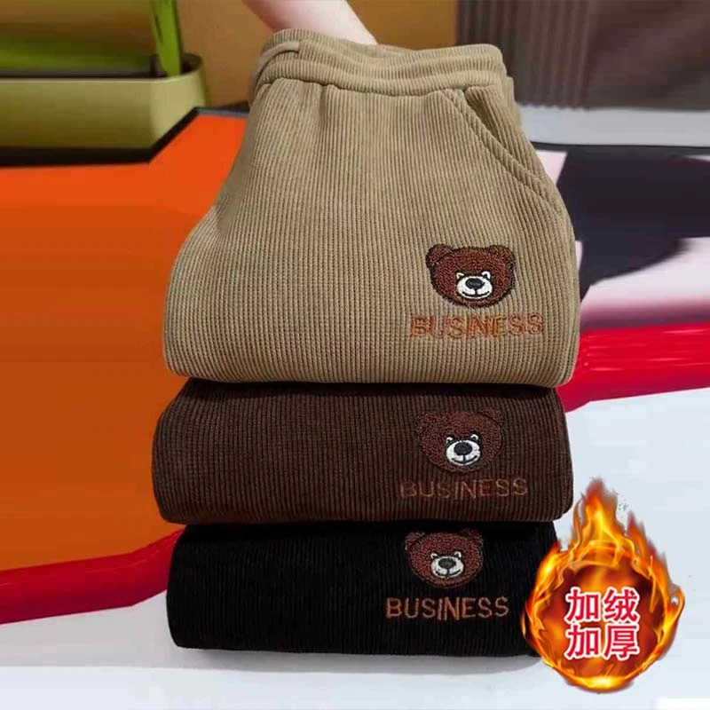 2025秋冬季新款女士灯芯绒加绒加厚束脚裤时尚纯色刺绣保暖哈伦裤