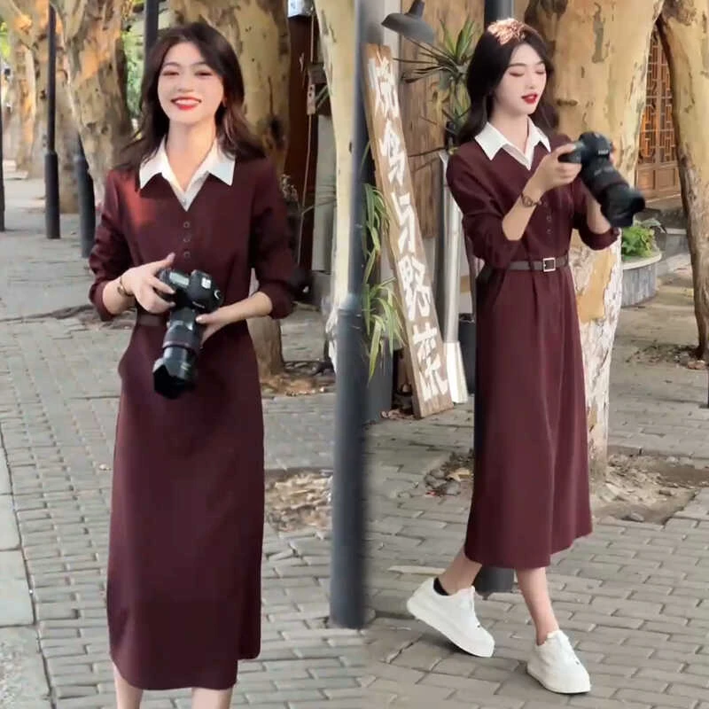 入秋高级感穿搭女2025新款假两件小个子法式气质收腰钓系连衣裙子