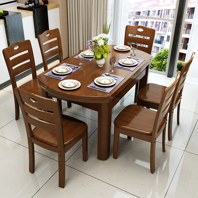 实木变圆餐桌现代简约家用小户型可伸缩10人长方形折叠吃饭桌子