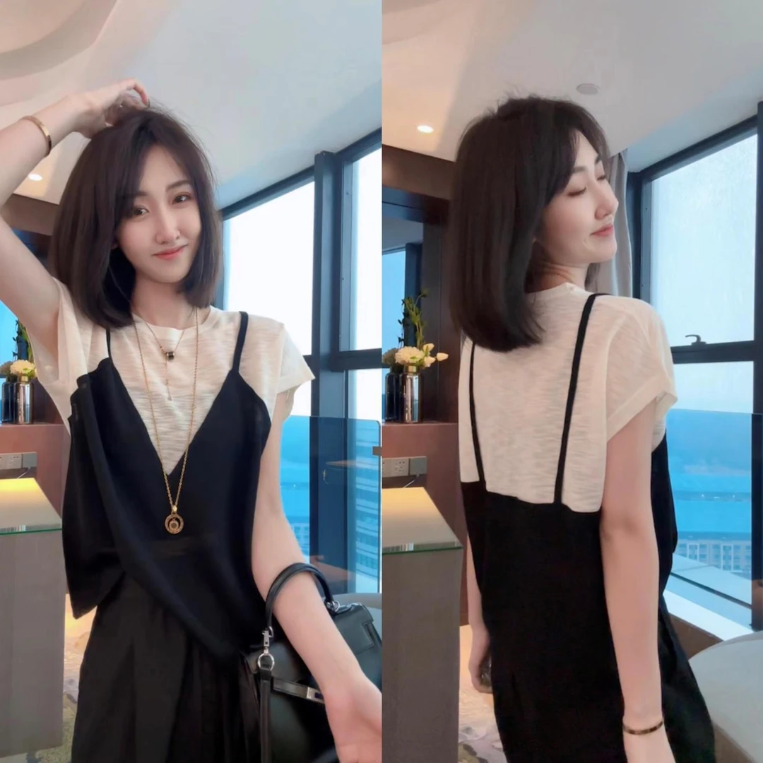 时尚百搭撞色假两件短袖T恤女2023夏季新款洋气减龄显瘦薄款上衣