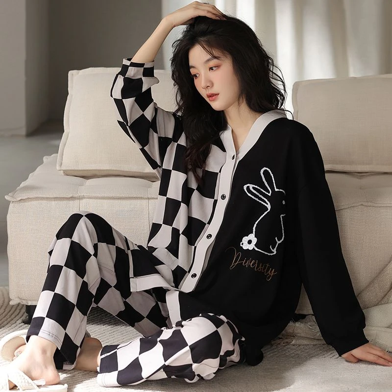 睡衣女春秋100%双面纯棉V领长袖兔年开衫长裤宽松冬家居服女套装
