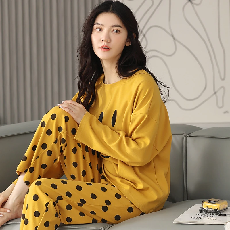 睡衣女春秋100%纯棉长袖公主风网红笑脸可外穿韩版家居服套装冬
