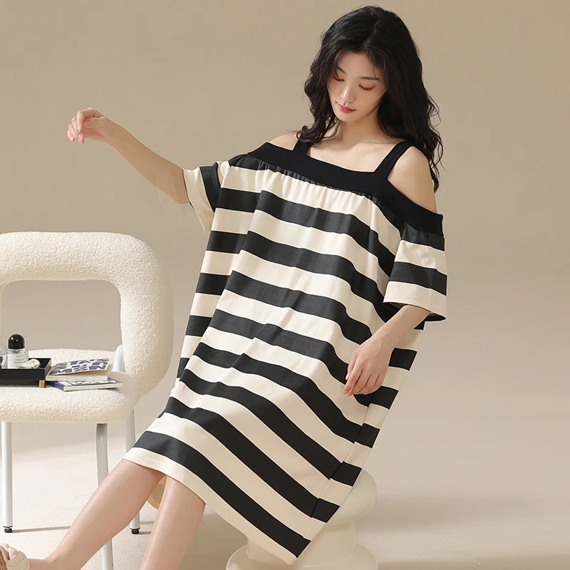 100%纯棉睡衣女夏季短袖睡裙条纹露肩甜美宽松中长款全棉春家居服