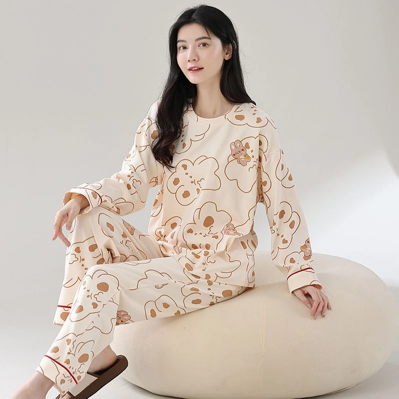 紧赛100%双面纯棉睡衣女春秋长袖加厚冬可外穿全棉宽松家居服套装