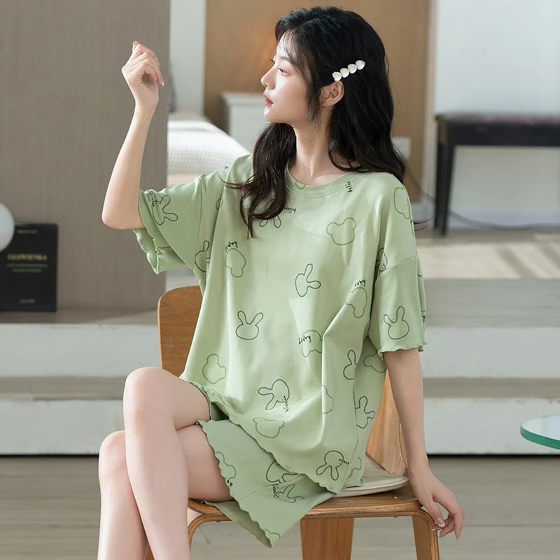睡衣女士春夏100%纯棉睡衣短袖短裤宽松休闲卡通可外穿套装家居服