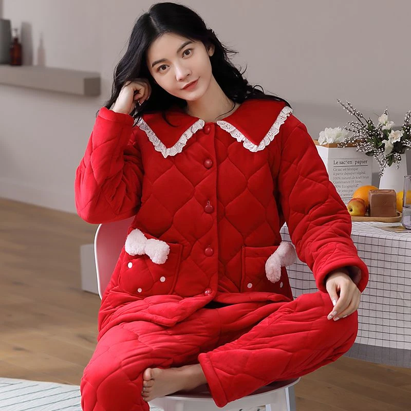 加厚三层夹棉法兰绒睡衣女秋冬开衫长袖本命年大红色新婚家居服