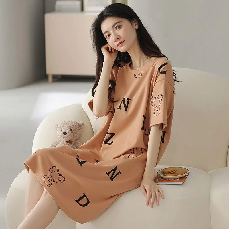 睡衣女夏季100%纯棉短袖睡裙甜美韩版宽松中长款卡通全棉春家居服