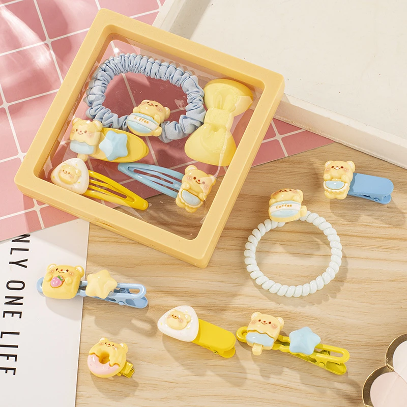 可爱奶黄小熊系列发夹组合少女甜美碎发刘海夹高弹力发绳发圈