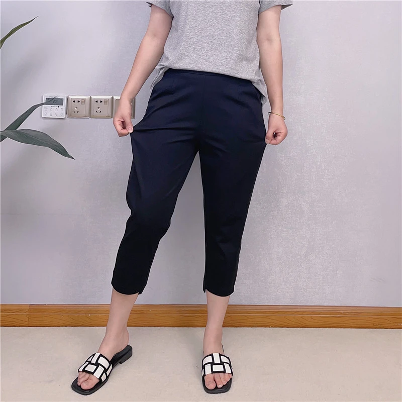 夏季高腰七分裤大码胖mm显瘦遮肚子松紧腰八分裤弹力休闲烟管裤
