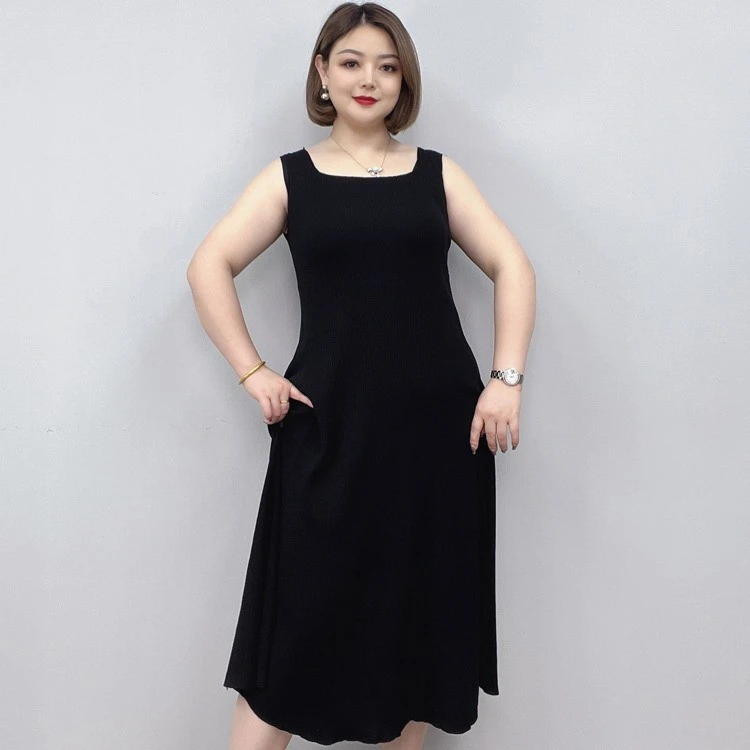针织吊带背心连衣裙女春夏新款大码胖mm宽松弹力显瘦打底长款裙子