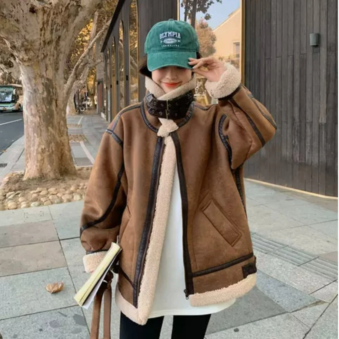 【伊美】【100%绵羊毛】2024年新款羊毛一体外套女加厚冬季百搭休闲