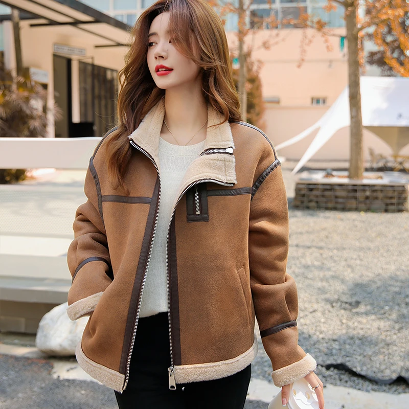 【100%绵羊毛】2024年新款外套女冬季机车服夹克加绒宽松休闲时尚