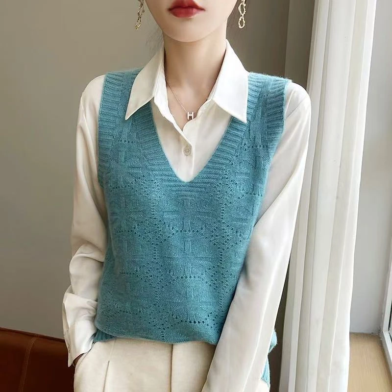 女上衣纯色宽松型套装洋气女装厚款女士时尚马夹宽松V领秋装