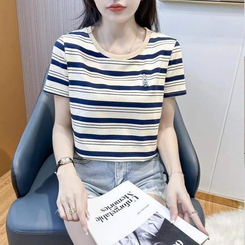 韩版条纹棉女夏季休闲小众设计别致新款薄款宽松上衣女士t恤短袖