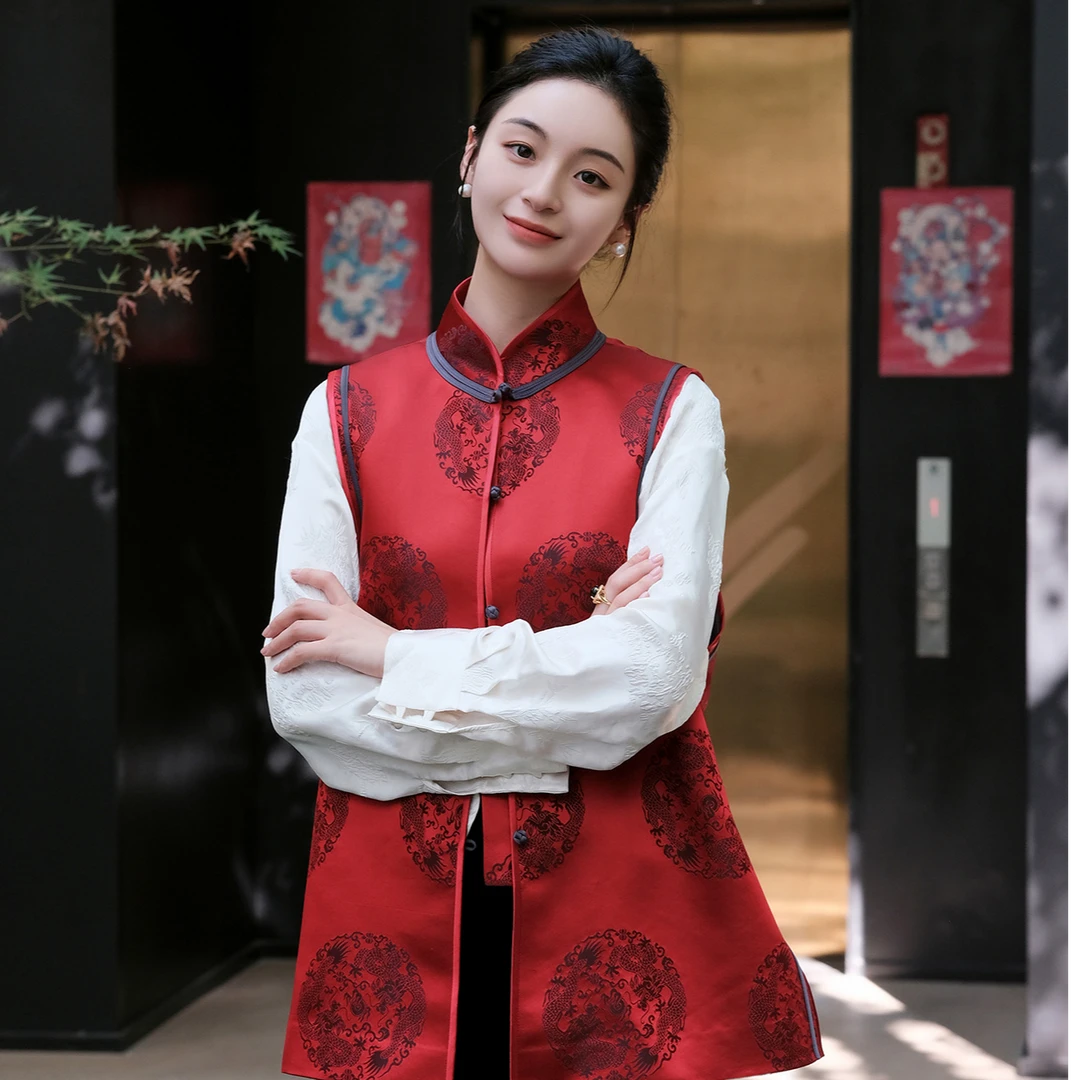 盛唐婧|中式国风库缎中长马甲-红色