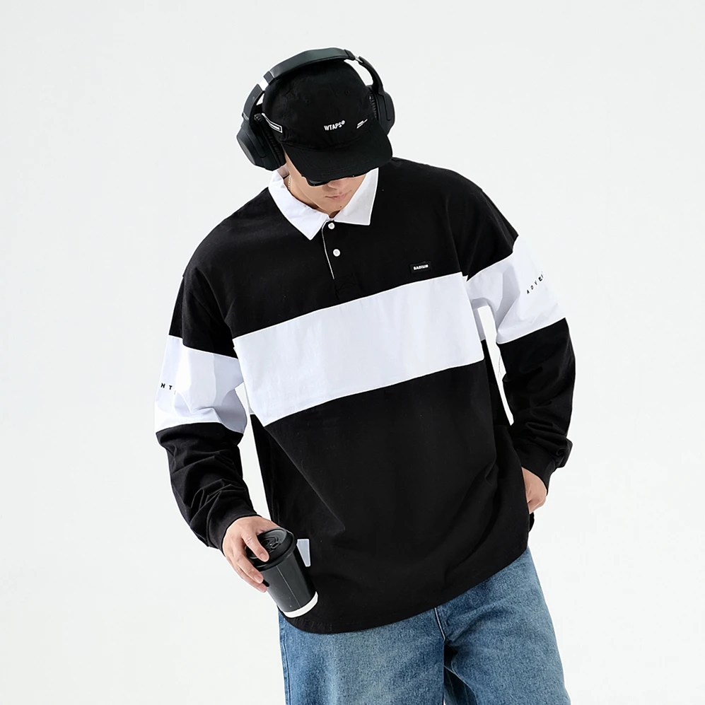 RADIUM日系宽松宽条纹翻领 Polo衫男长袖宽松潮牌 CITYBOY长袖TEE