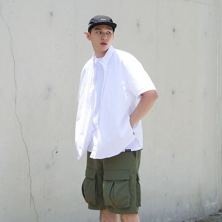 RADIUM潮牌廓形夏季薄款 宽松休闲纯色 竖条纹短袖衬衫男 CITYBOY