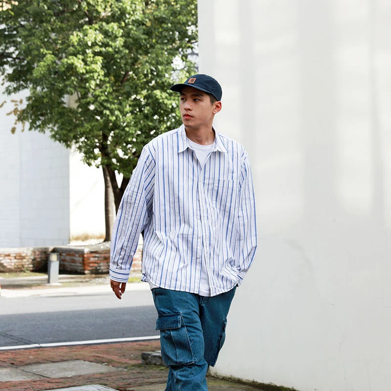RADIUM潮牌日系韩版廓形 宽松休闲衬衫条纹长袖衬衫男CITYBOY衬衣