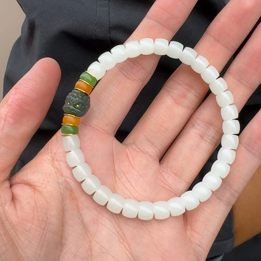 和田玉手串18K金镶嵌1025牛牛