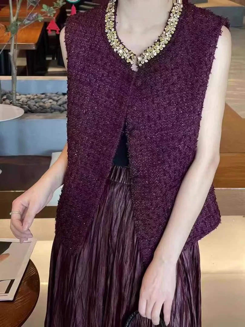 欧货2024秋季新款小香风编织马夹女洋气重工钉钻小个子马甲外套潮