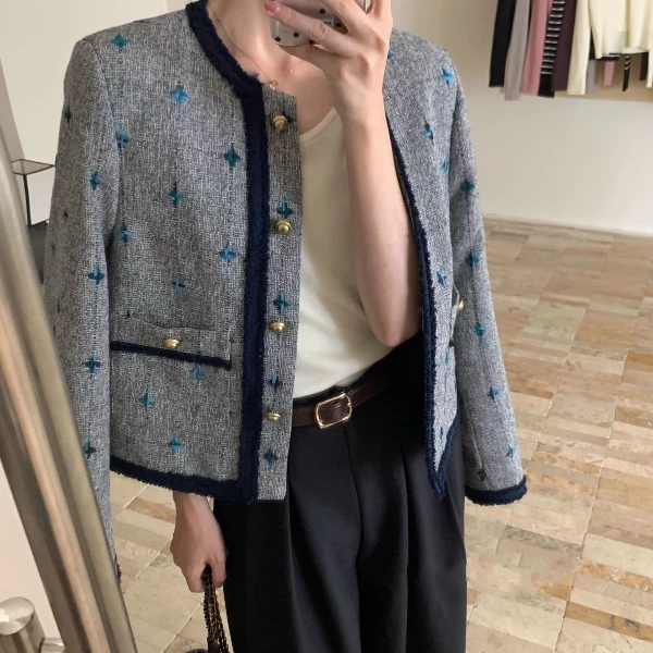 灰色提花小香风短外套女秋冬2024新款小个子韩系流行气质通勤名媛