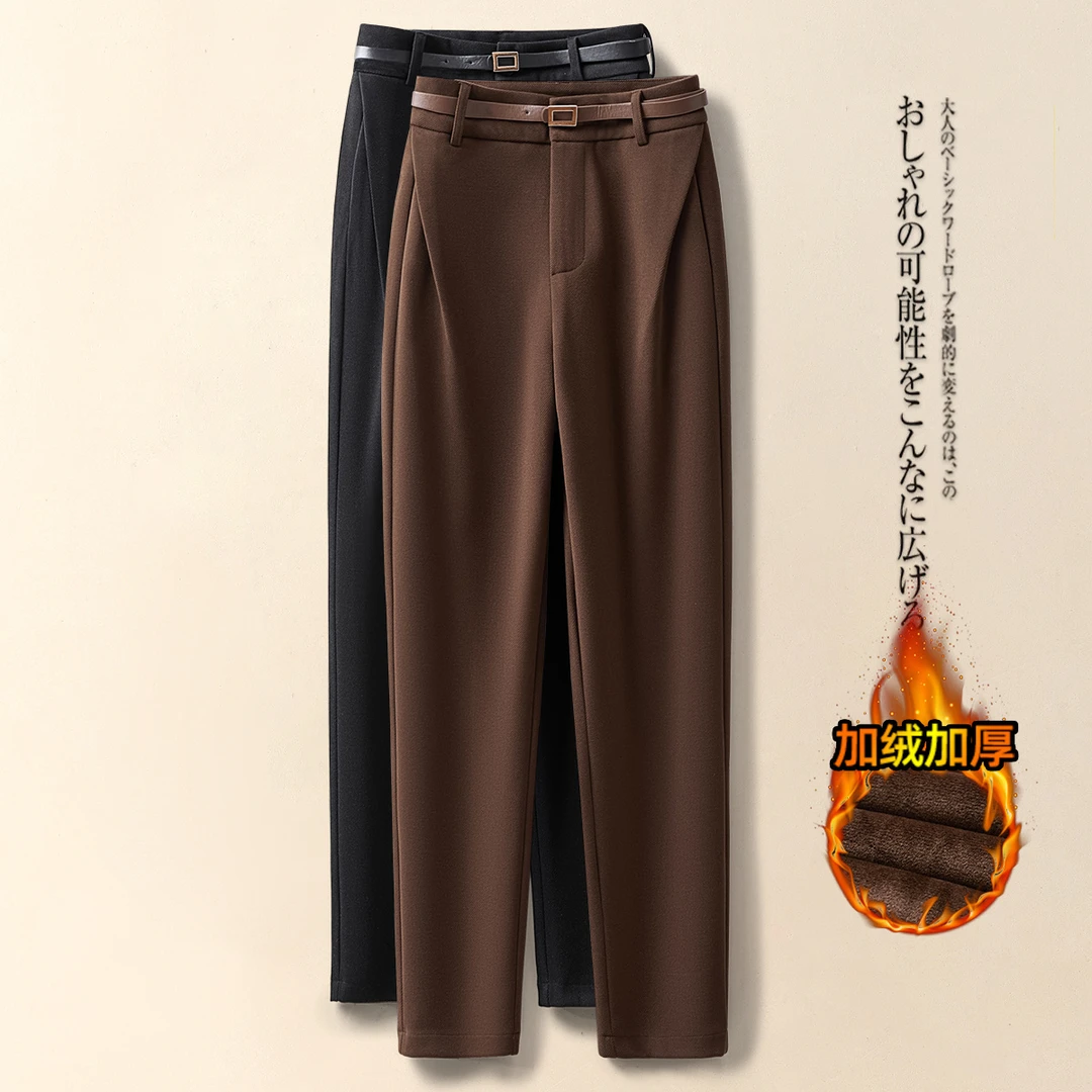 咖色毛呢哈伦裤子女春秋2025新款高腰加绒休闲小脚萝卜烟管呢子裤