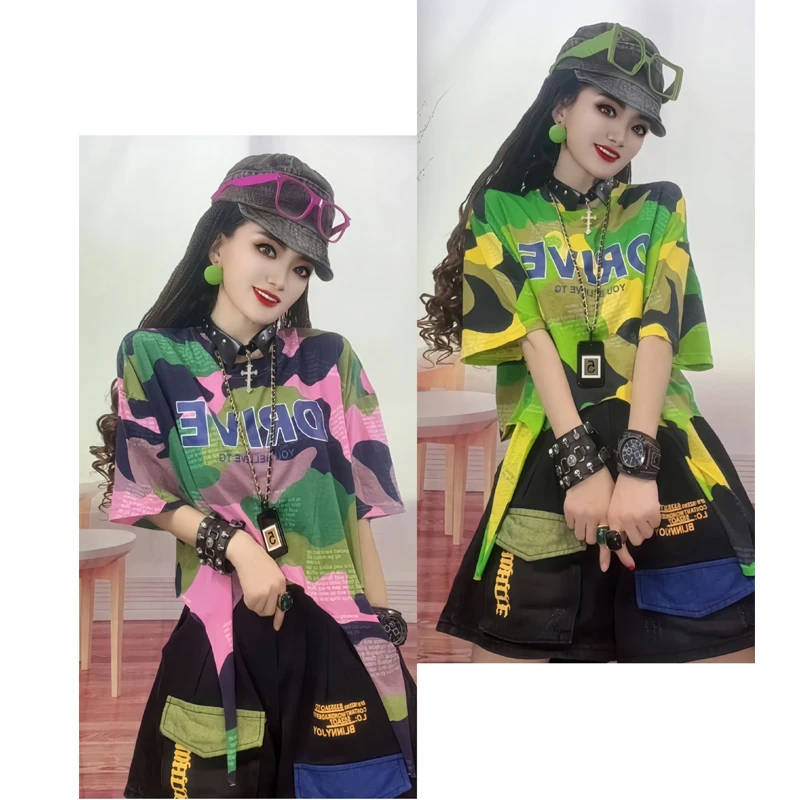 潮牌设计感美式复古迷彩T恤女短袖夏季宽松交叉系带时尚个性上衣