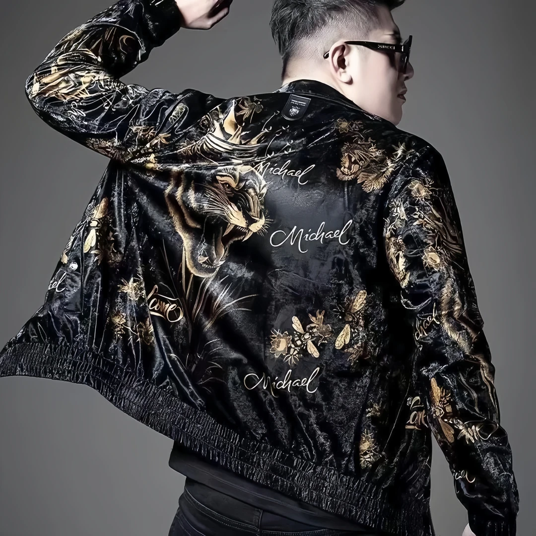 欧洲站2023春秋季新款夹克外套男装高端潮流时尚个性印花翻领上衣
