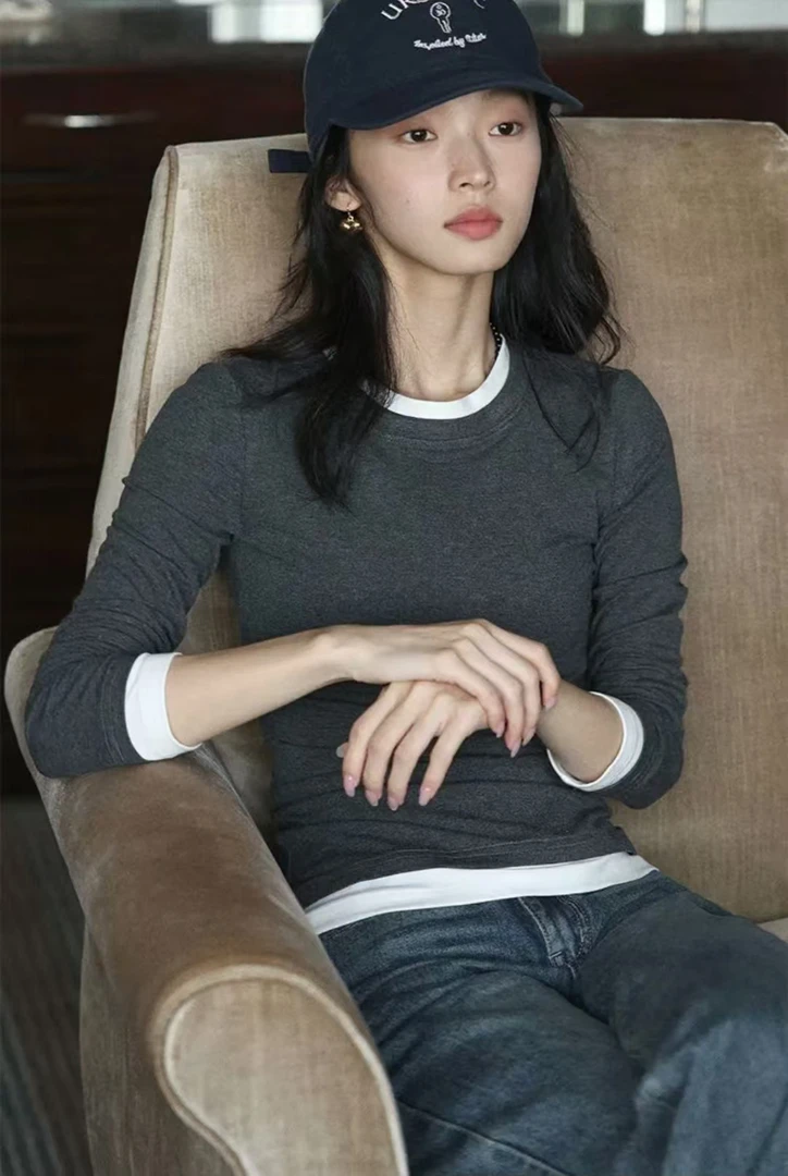 纯色假两件弹力打底衫