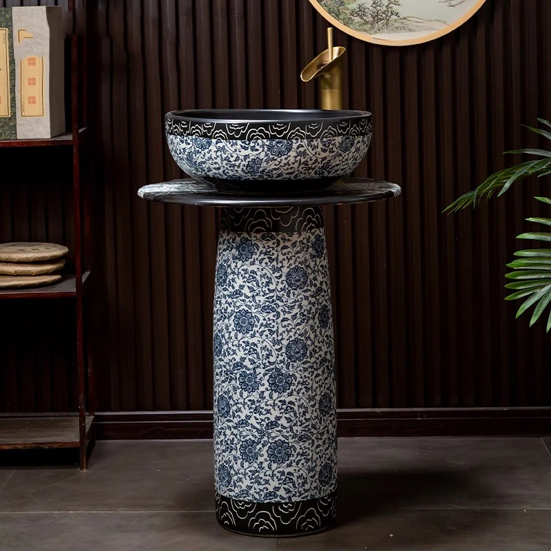 陶瓷一体中式立柱式洗脸盆青花立柱盆阳台庭院户外洗手盆面盆水池