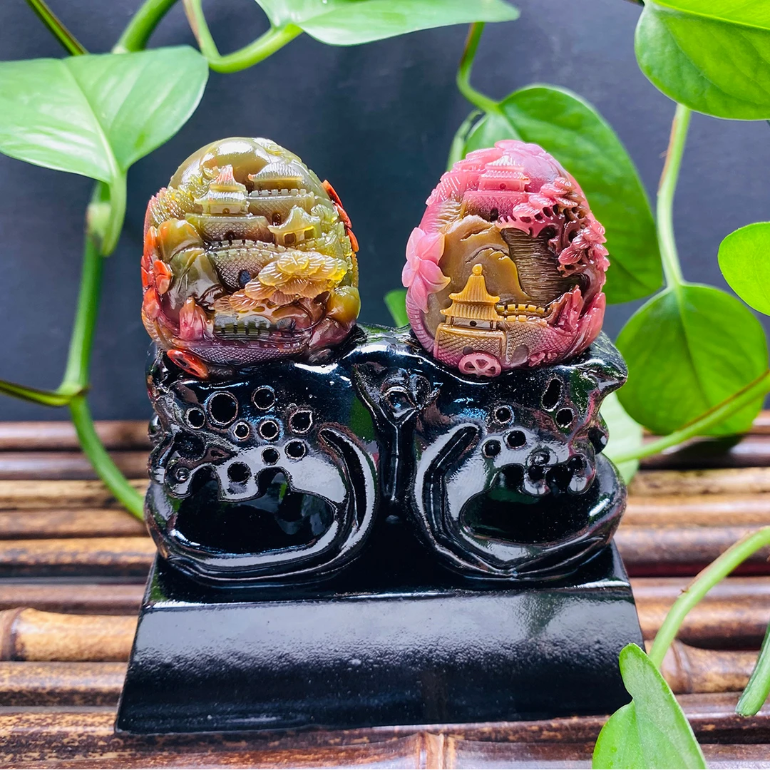 天然七彩老矿盐源玛瑙手工精雕山水俏色摆件