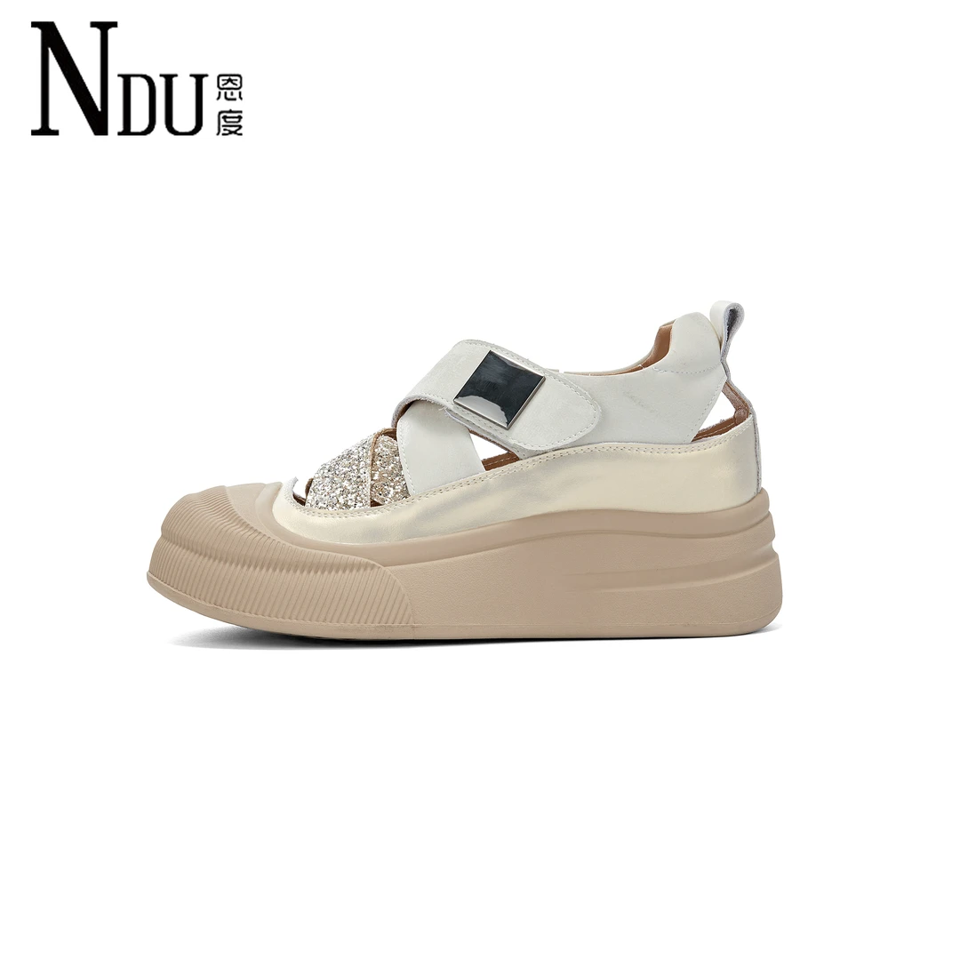恩度/NDU厚底松糕增高运动包头凉鞋女夏季镂空外穿猪笼鞋百搭真皮