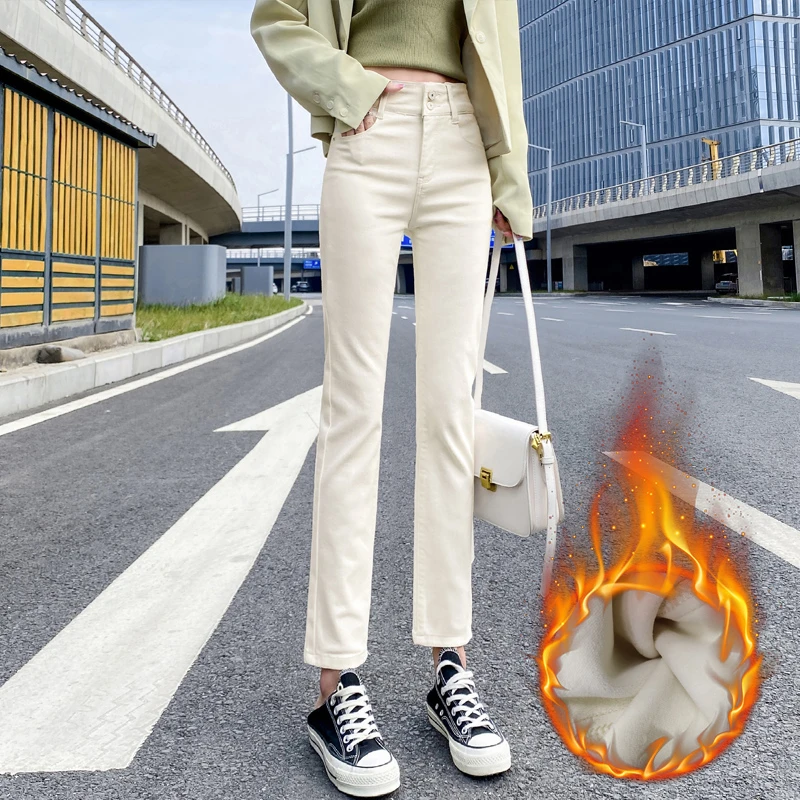 直筒烟管高腰加绒牛仔裤女宽松2025春冬新款米白色九分显瘦裤 潮