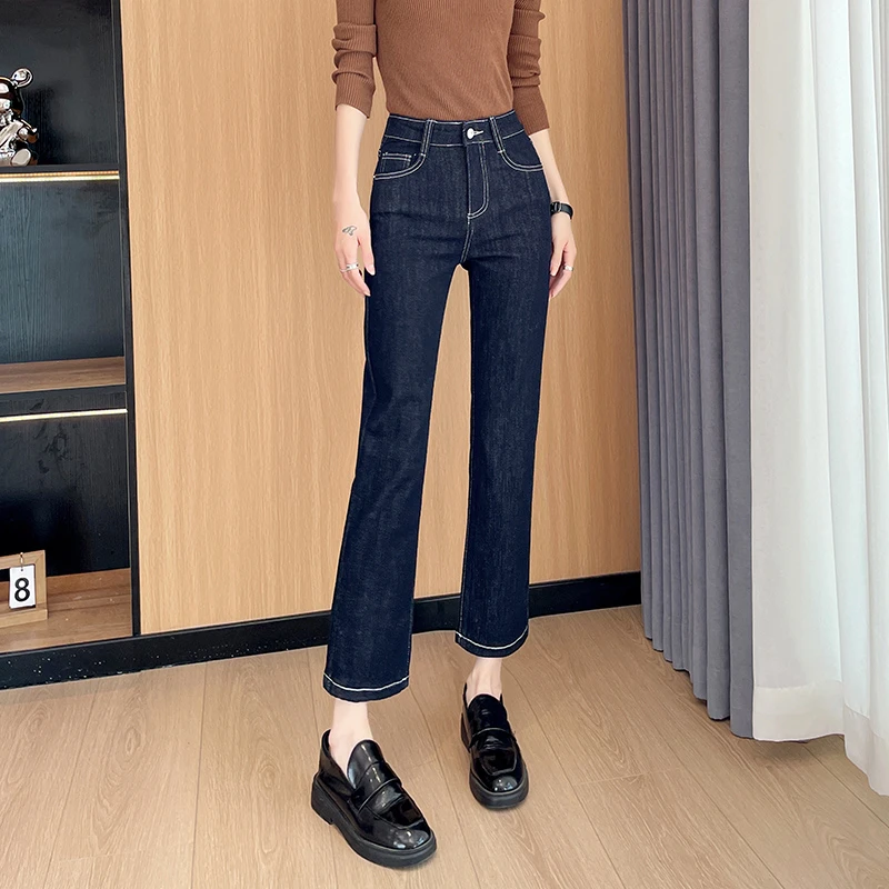 深蓝色高腰牛仔裤女直筒烟管裤春季2025年宽松显瘦小个子八分九分
