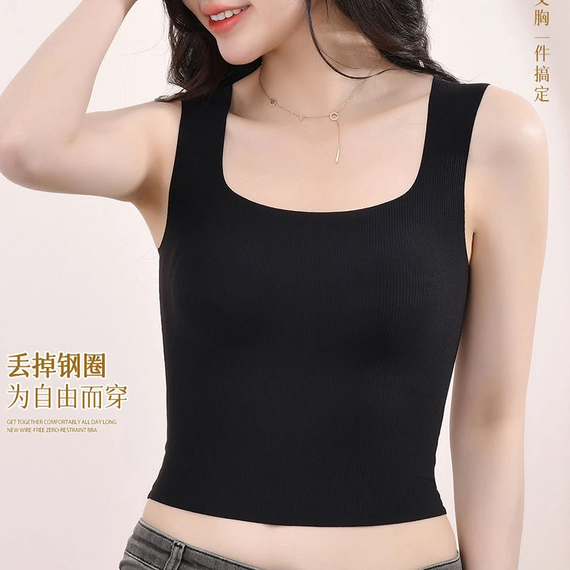 夏季薄款外穿带胸垫美背吊带背心女免穿文胸一体无痕内搭打底上衣