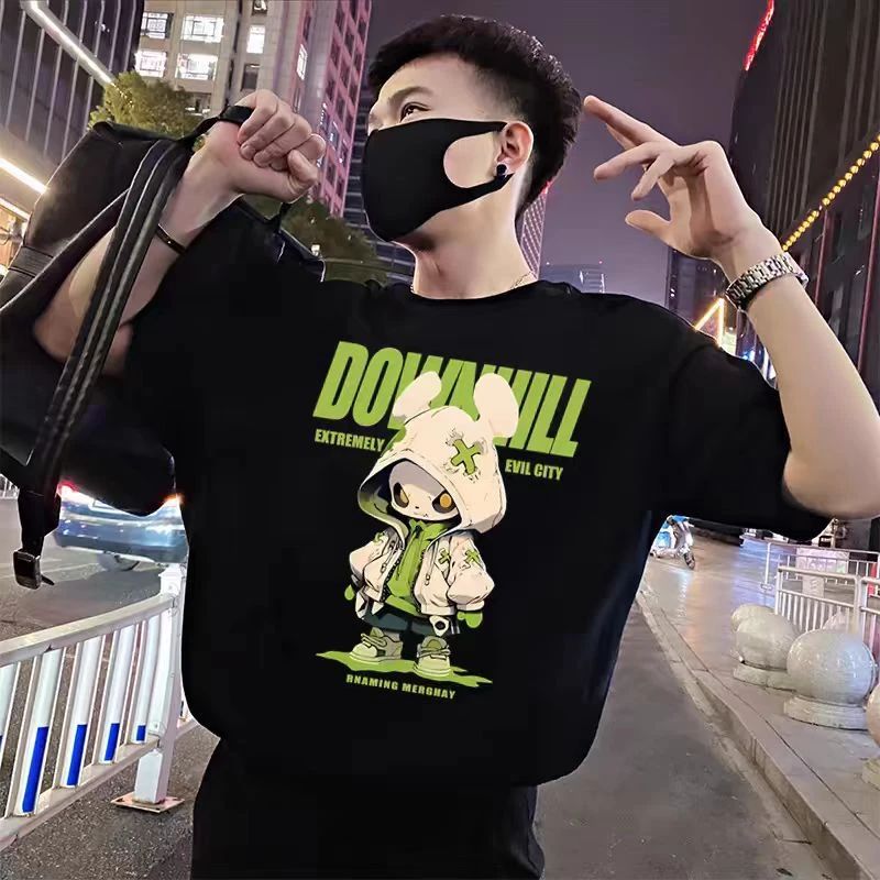 潮流夏季T恤个性帅气白色高品质休闲时尚圆领潮流印花ins男女同款