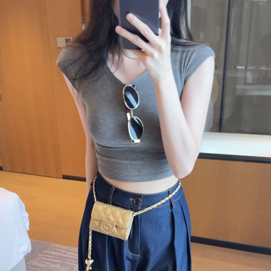 DAQING 基础百搭圆领正肩露脐短款修身上衣小飞袖打底T恤