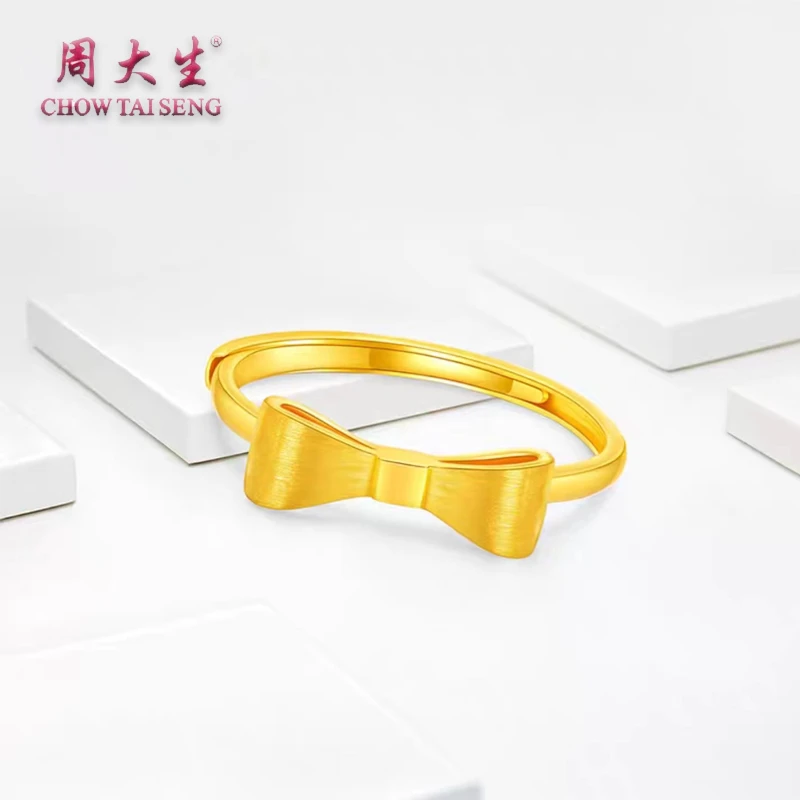 Chow Tai Seng/周大生足金蝴蝶结戒指可调节开口女款气质轻奢时尚