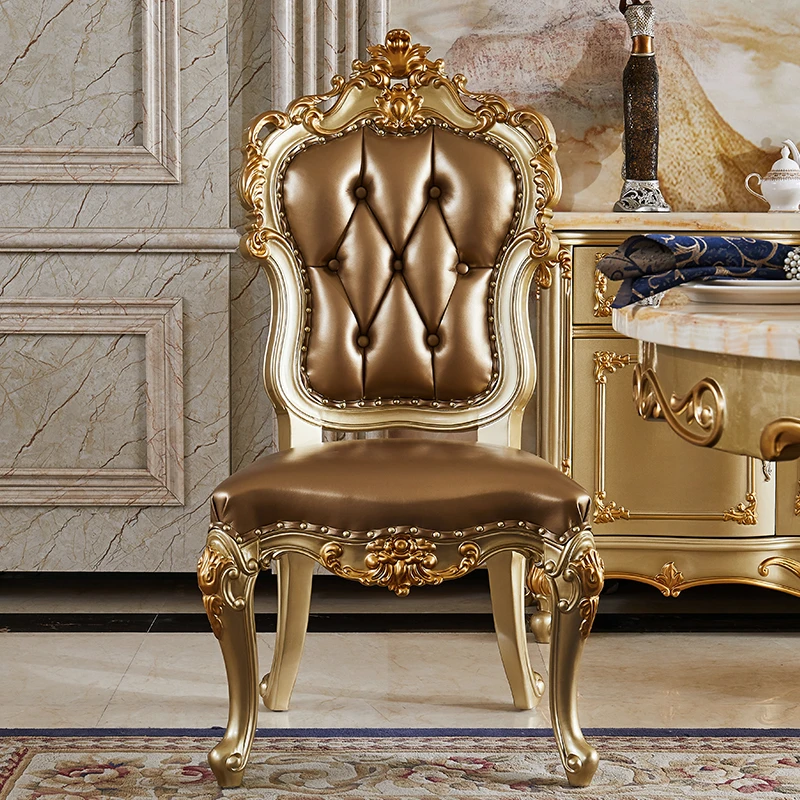 欧式真皮餐椅实木雕花餐椅全实木香槟金饭桌吃饭休闲椅子美式书椅