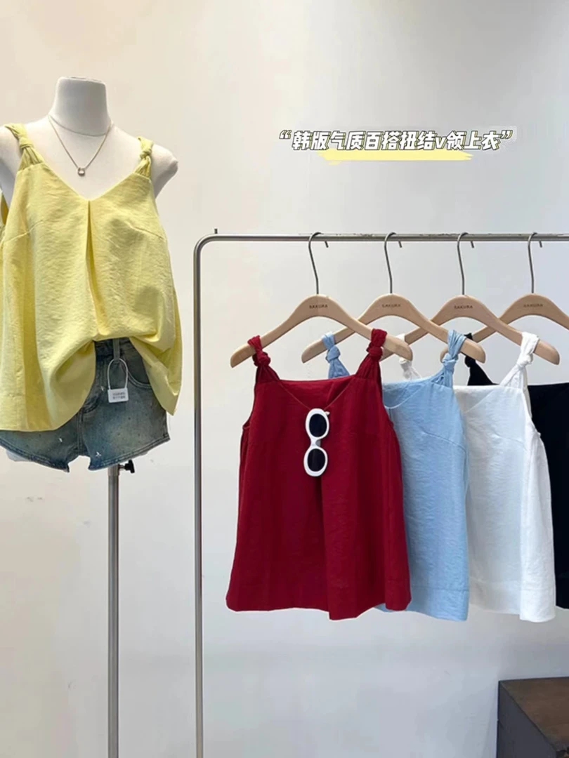 2024夏季新款韩系减龄百搭显瘦气质结吊带V领设计感无袖背心吊带