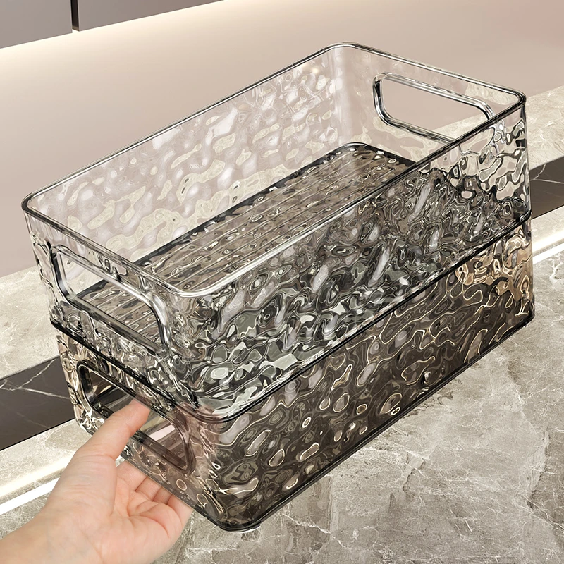 轻奢透明冰川纹收纳盒家用长方形塑料盒子桌面化妆品客厅整理盒